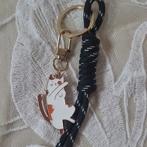 Cat Enamel Keychain with Black Rope Lanyard